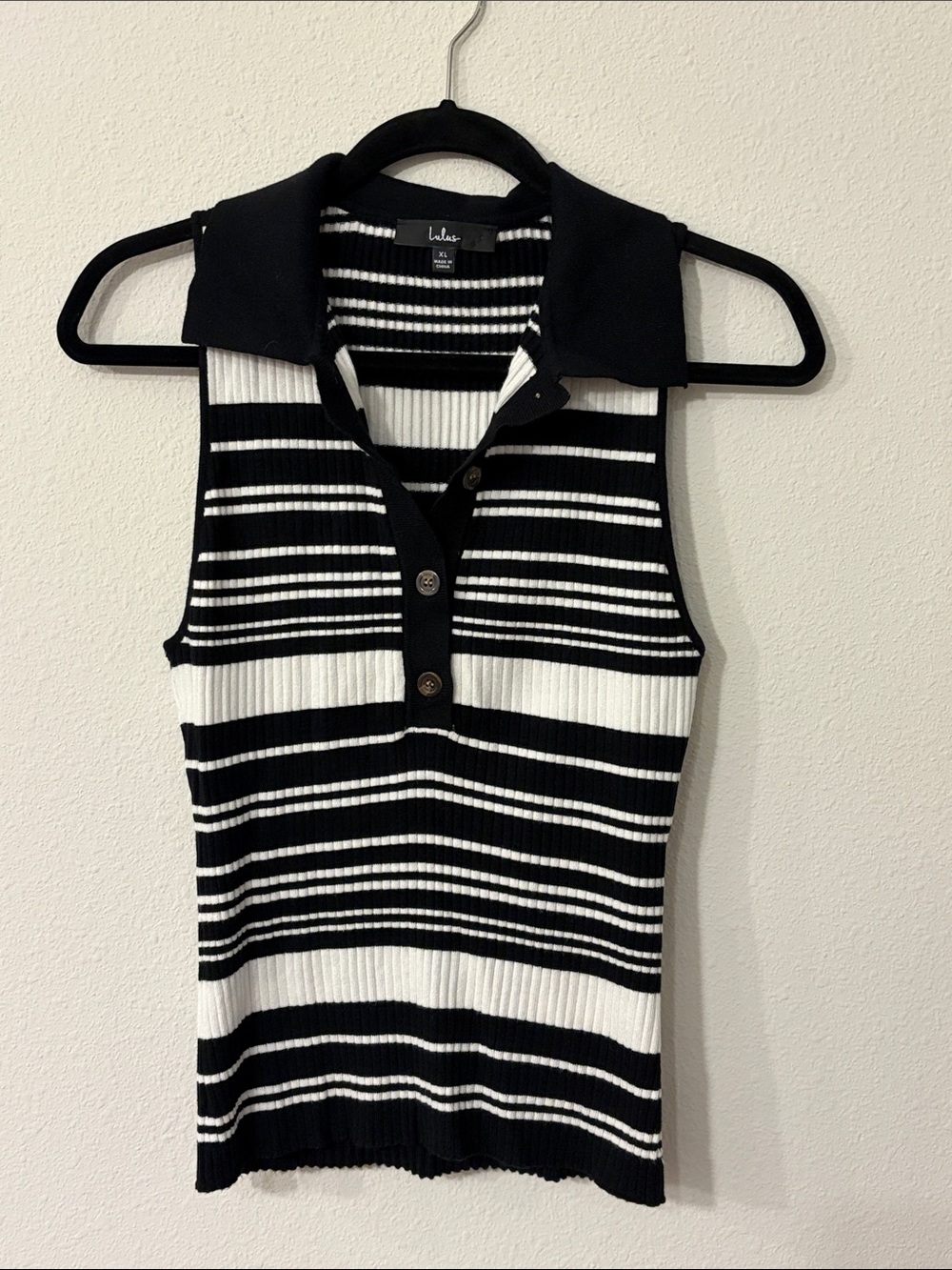 Lulu's Black & White Striped Ribbed Polo Tank